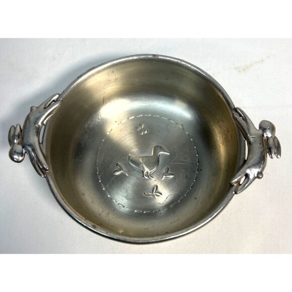Reed & Barton Pewter Baby Bowl With Bunny Handles & Duck Motif - Picture 1 of 4
